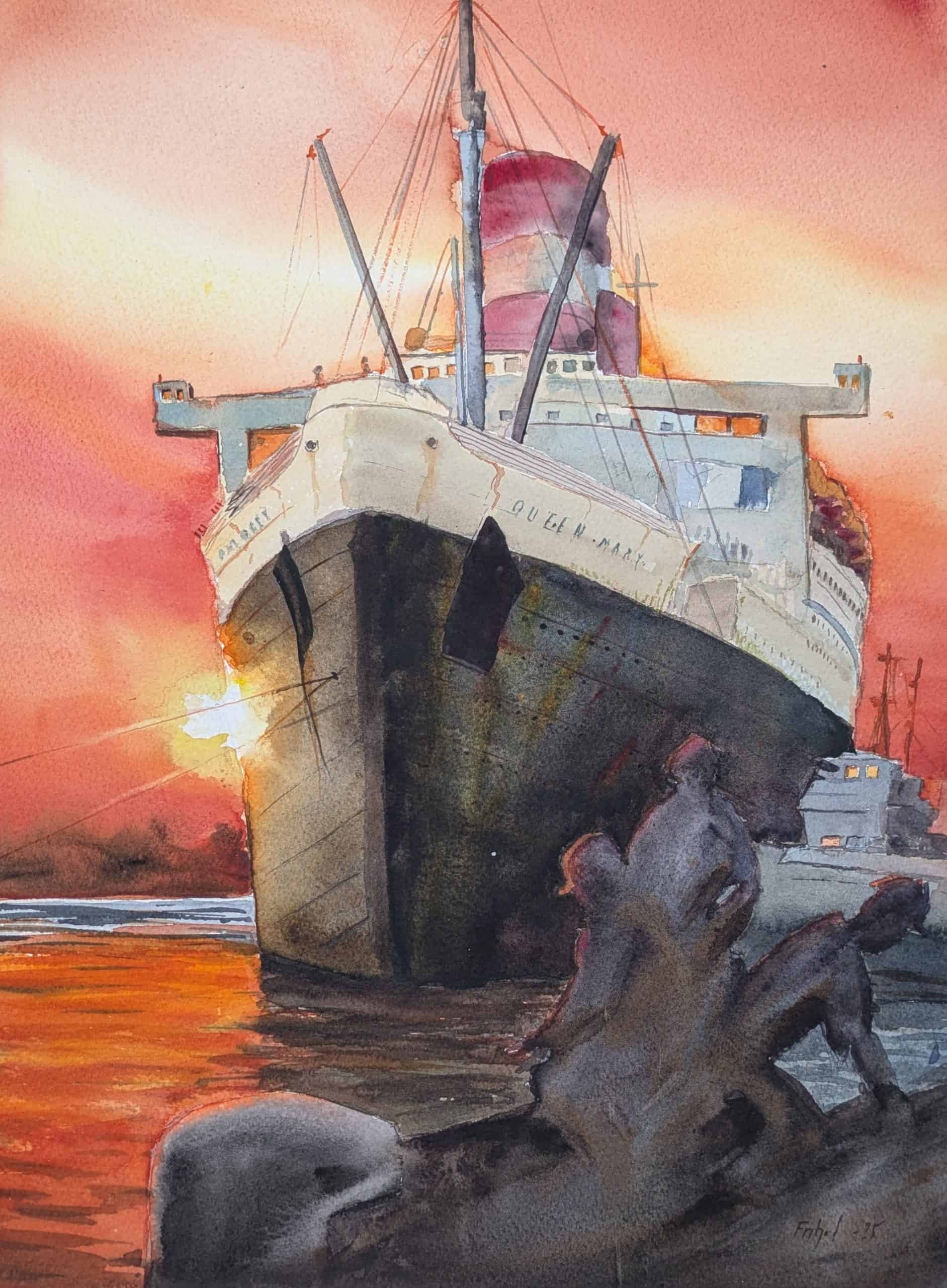 Queen Mary i solnedgång.