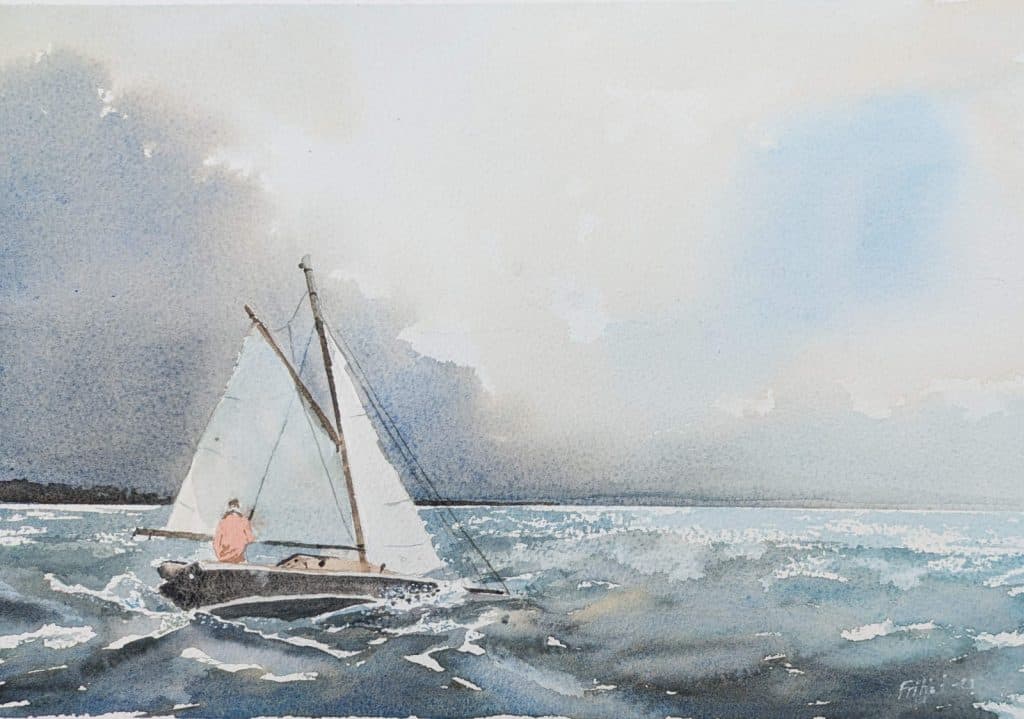 Segelbåt som kryssar i hård vind.